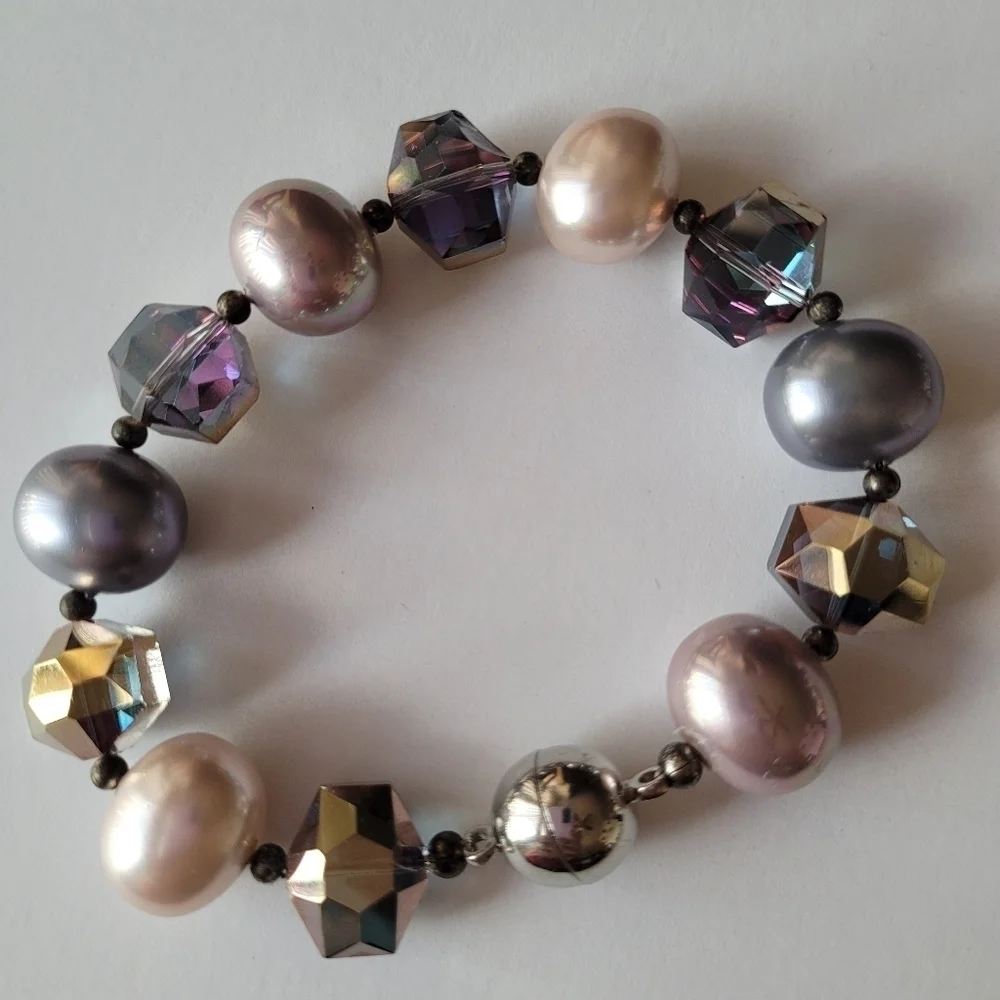Purple, Gray, Faux Pink Pearls Beads Magnetic Closure Bracelet